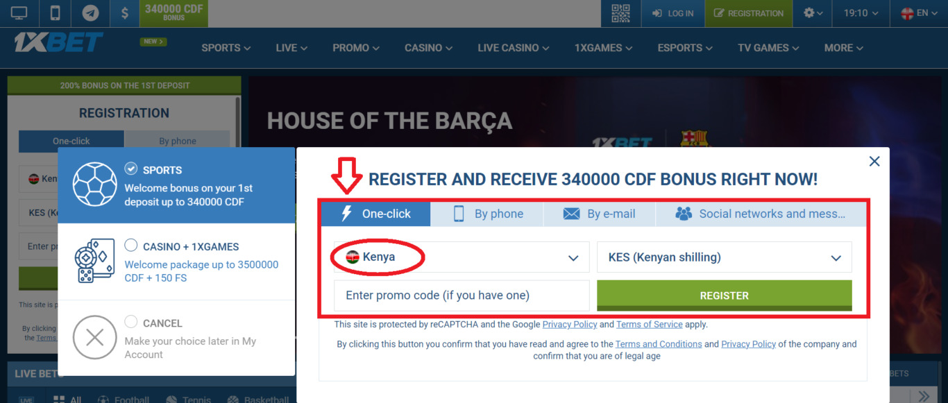 1xBet register one-click 