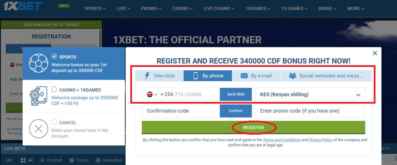 1xBet registration by phone number